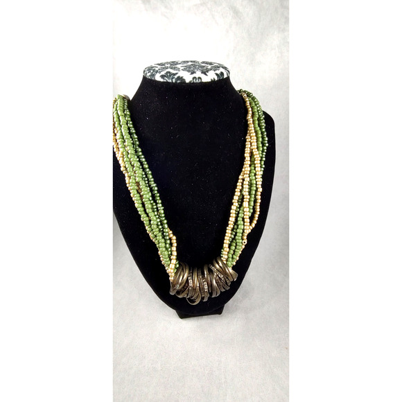 Statement Choker Style Necklace 7 Twisted Strands and Several Rings Greens Gold - Picture 2 of 4